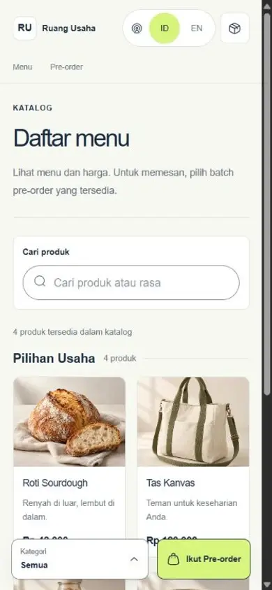Contoh katalog toko publik Ruang Usaha dengan pencarian, kategori dropup, produk UMKM, foto, dan harga.
