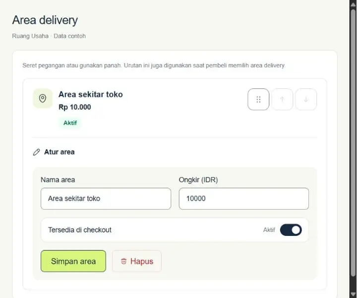 Pengaturan area delivery dengan ongkir dan status aktif.