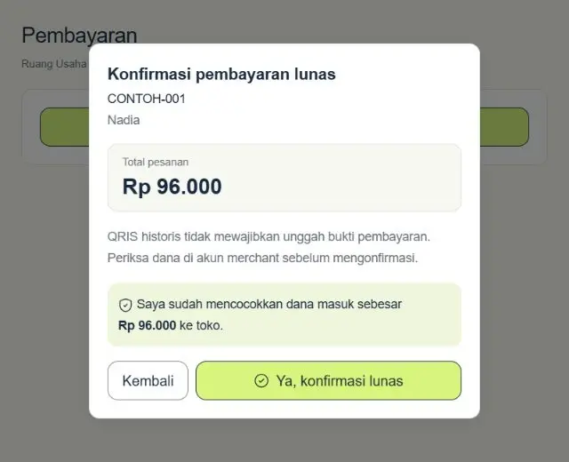 Dialog asli konfirmasi pembayaran dengan nominal terkunci Rp96.000 untuk pesanan Nadia.