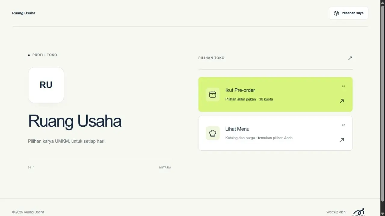 Profil toko Ruang Usaha dan akses pre-order pada antarmuka asli MITARA.