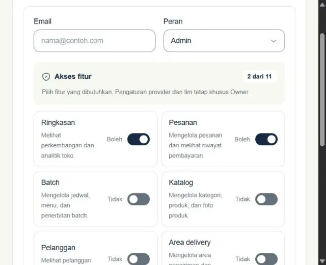 Pengaturan izin akses fitur untuk anggota tim MITARA.